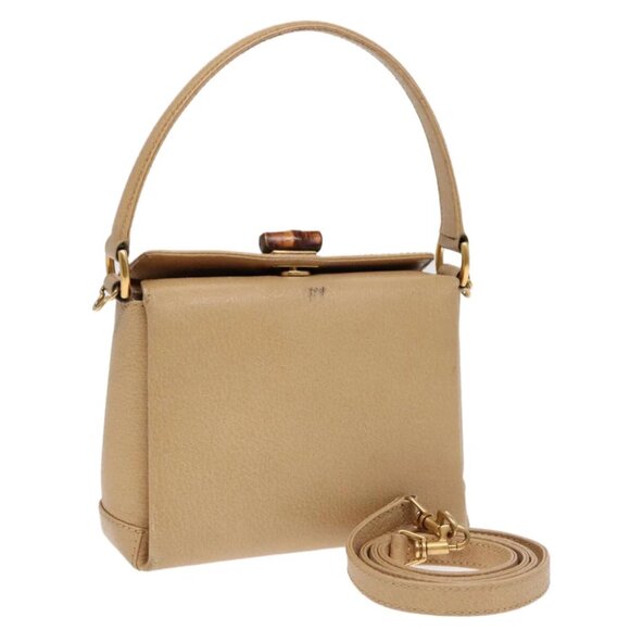 GUCCI Bamboo Hand Bag Leather 2way Beige Gold